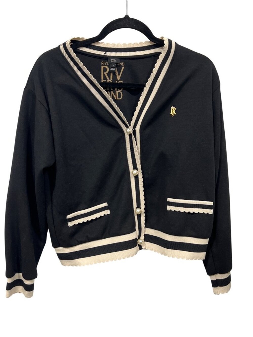River Island Pearl Button Cardigan Sweater Size Small Black Old Money Preppy